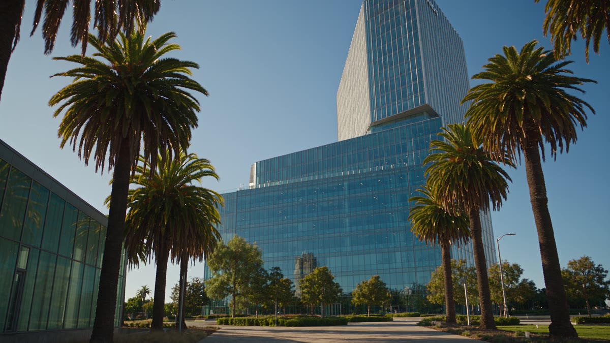 High-rise architecture framed by palm trees